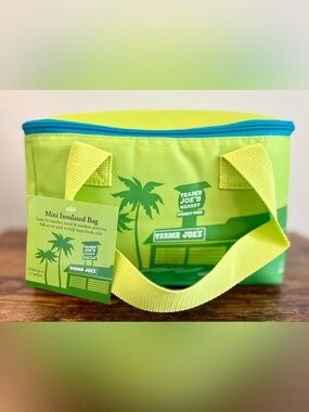 Trader Joe's Mini Insulated Tote Bag Summer Neon Lime Green Blue Zipper NWT